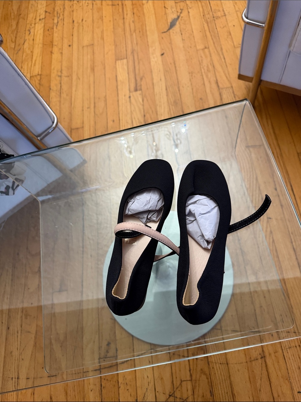 Black Mary Jane Flats with Beige Strap - Women Shoes